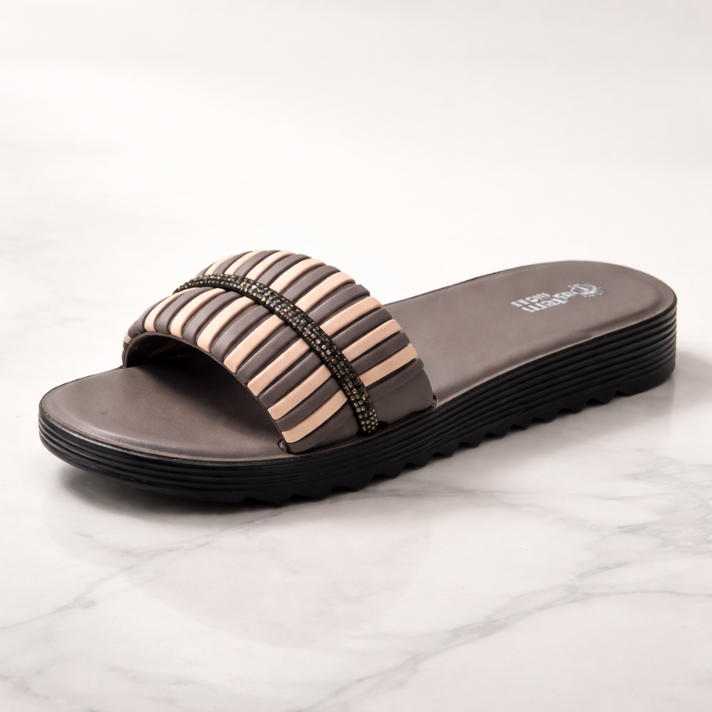 SHOELETA Women’s Striped Fashion Slippers – Red & Grey & Green