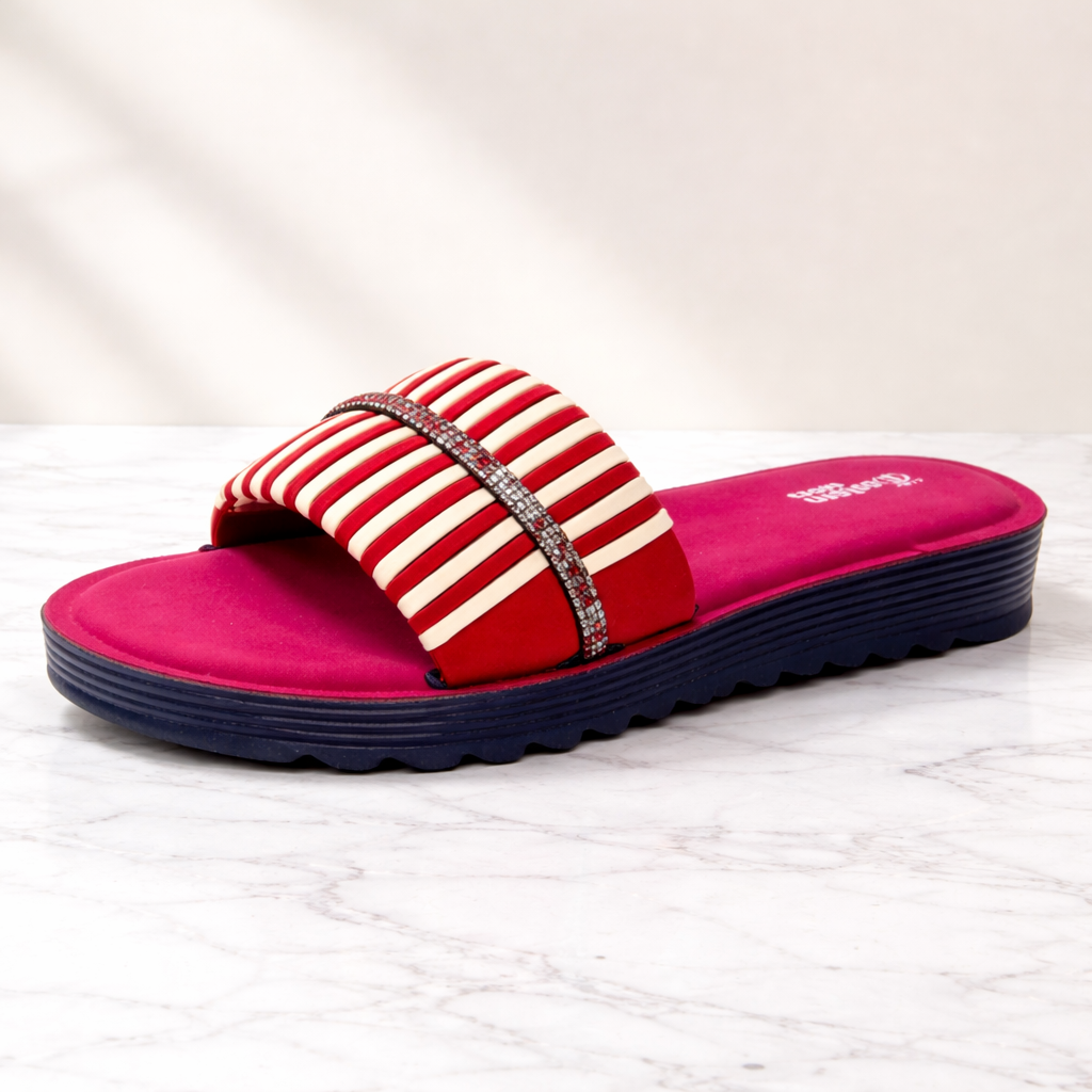 SHOELETA Women’s Striped Fashion Slippers – Red & Grey & Green