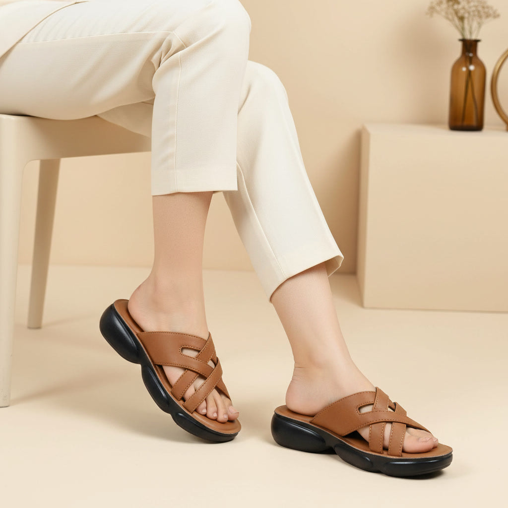 Stylish Brown Cross Strap Slippers for Women | Comfortable & Trendy Footwear